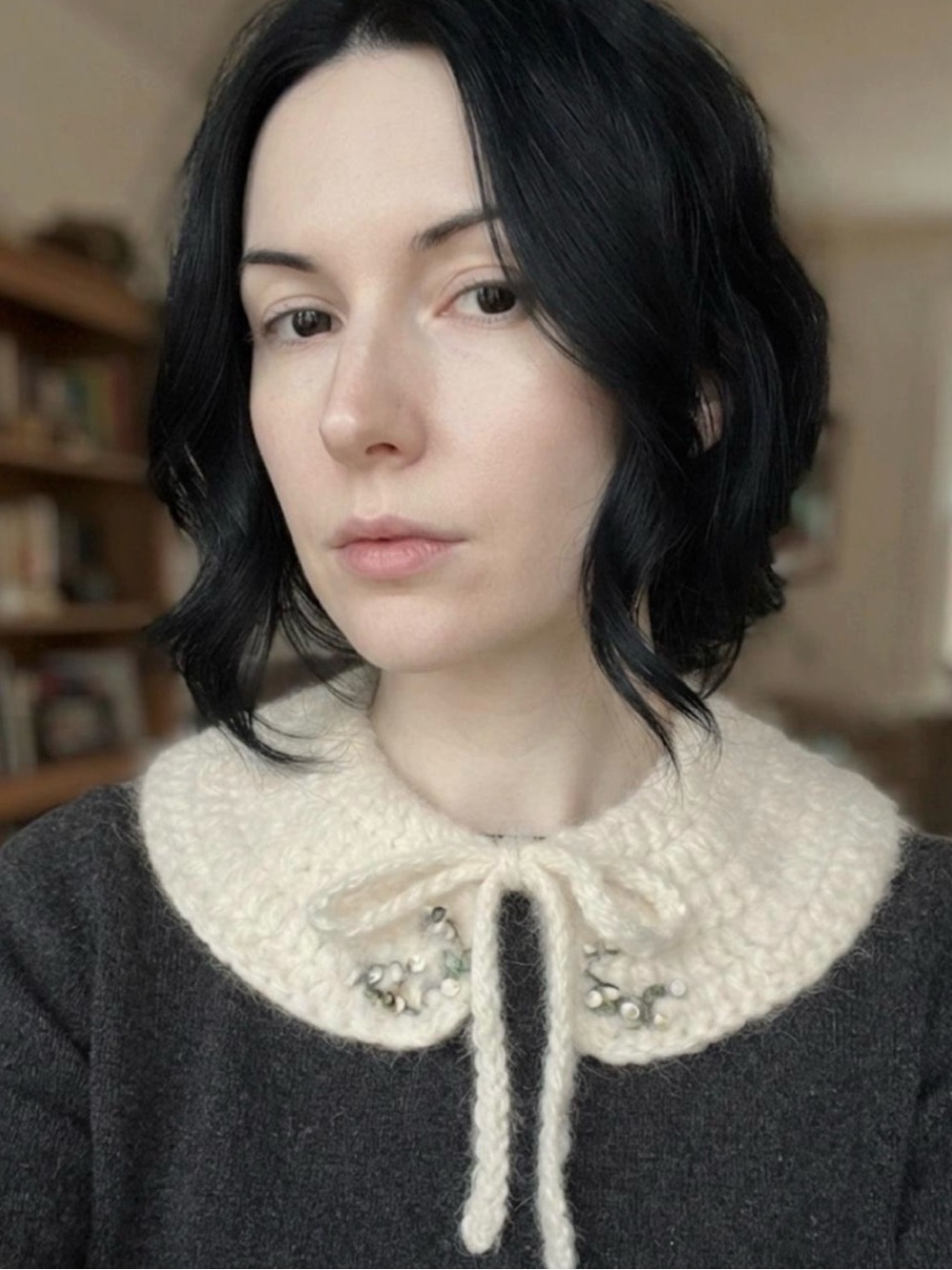 Handmade Crochet AngoraCollar Ivory Shell Floral Bow Detachable Cottagecore